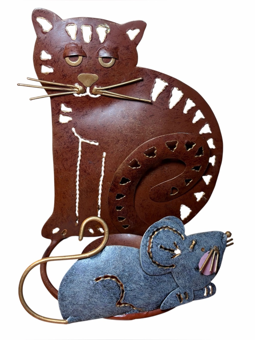 Kitty Cat & Mouse Gold Whiskers Welded Metal Art Votive Pillar Candle Holder